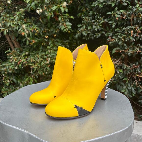 Milenika Handmade Italian High Heel Striped Yellow Ankle Bootie Leather 41 - Picture 3 of 11
